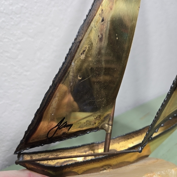 Metal Sailboat Sculpture Brass Copper Quartz Stone Base Signed by Artist Vintage - Picture 5 of 5